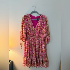 Taylor Pink Floral Midi Dress with Green Accents